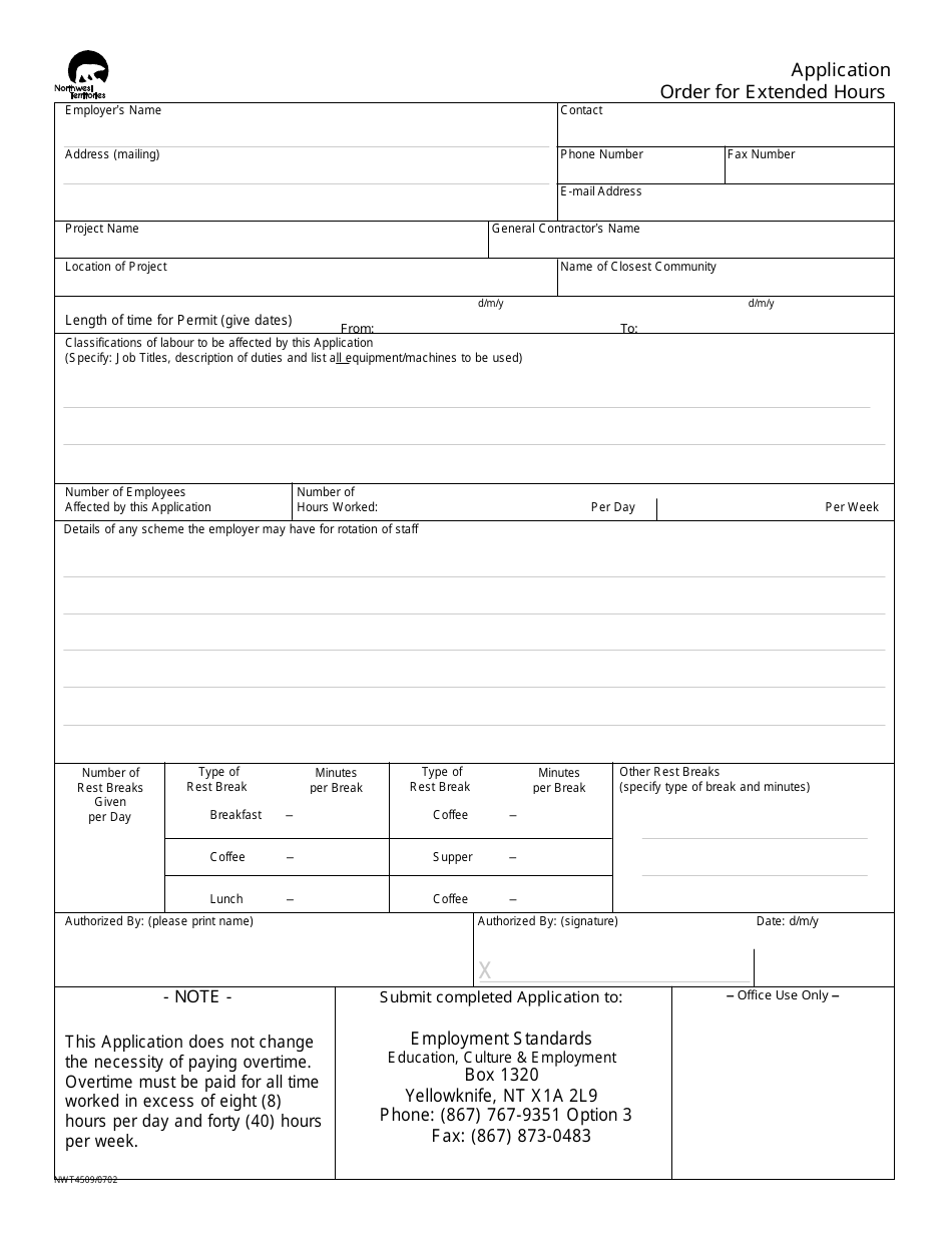 Form NWT4509 Application Order for Extended Hours - Northwest Territories, Canada, Page 1