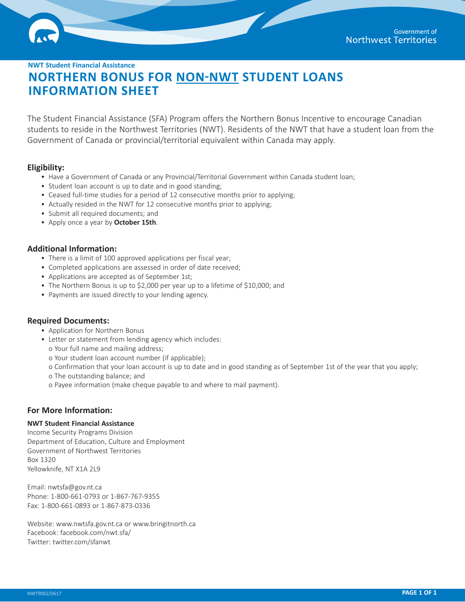 Form NWT9002 Application for Northern Bonus (Non-nwt Student Loans Only) - Northwest Territories, Canada, Page 1