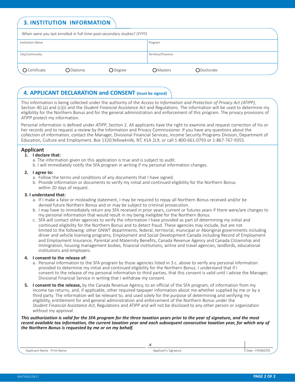 Form NWT9002 Application for Northern Bonus (Non-nwt Student Loans Only) - Northwest Territories, Canada, Page 3