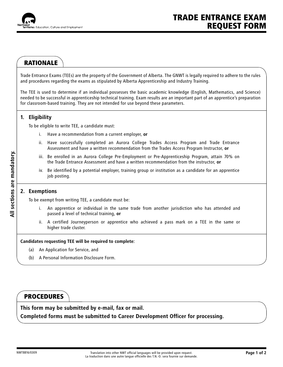 Form NWT8816 Trade Entrance Exam Request Form - Northwest Territories, Canada, Page 1