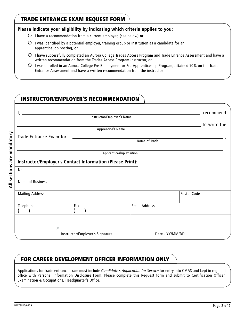 Form NWT8816 Trade Entrance Exam Request Form - Northwest Territories, Canada, Page 2