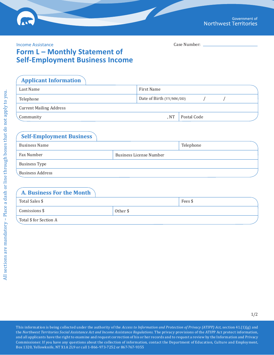 Form L Monthly Statement of Self-employment Business Income - Northwest Territories, Canada, Page 1