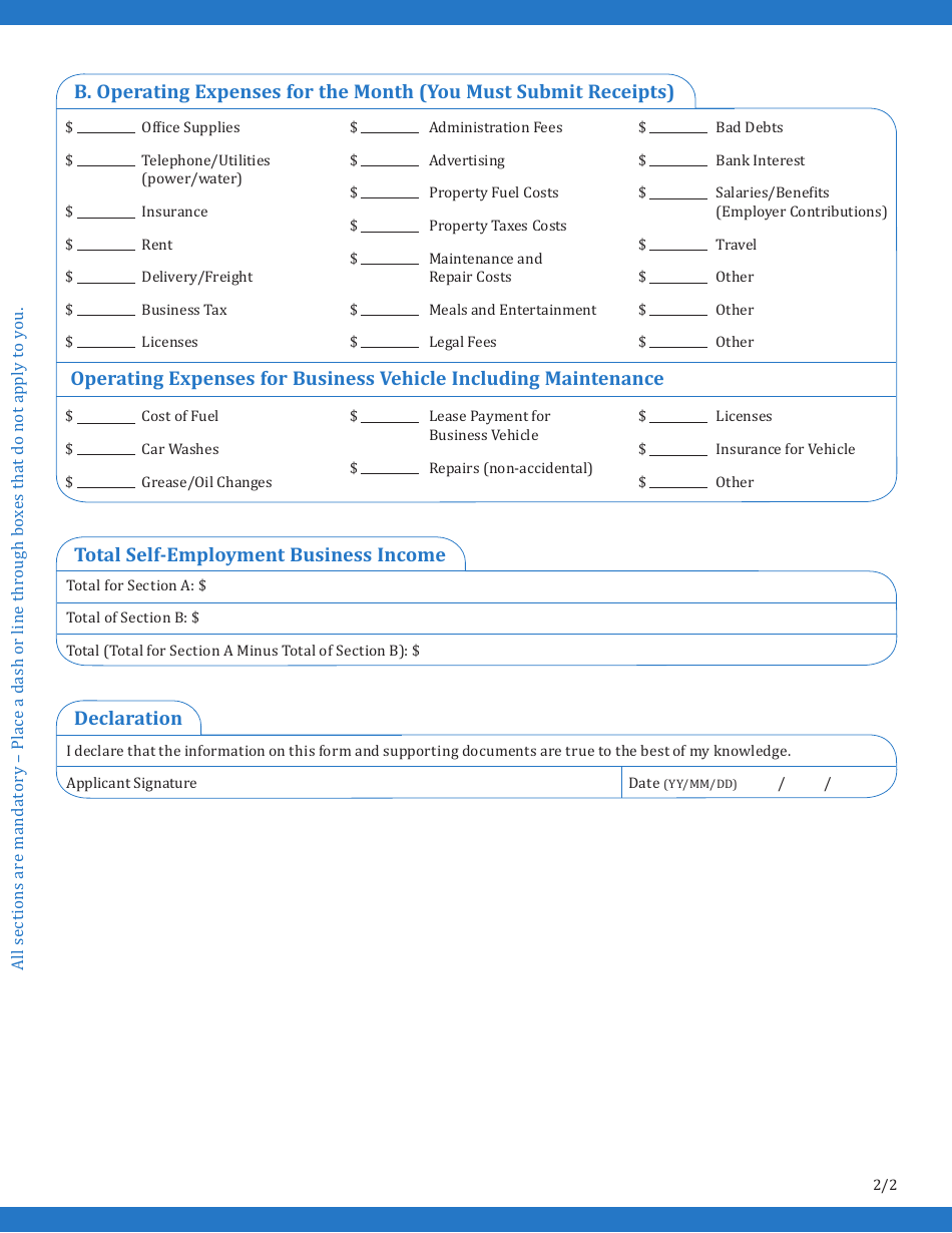 Form L Monthly Statement of Self-employment Business Income - Northwest Territories, Canada, Page 2
