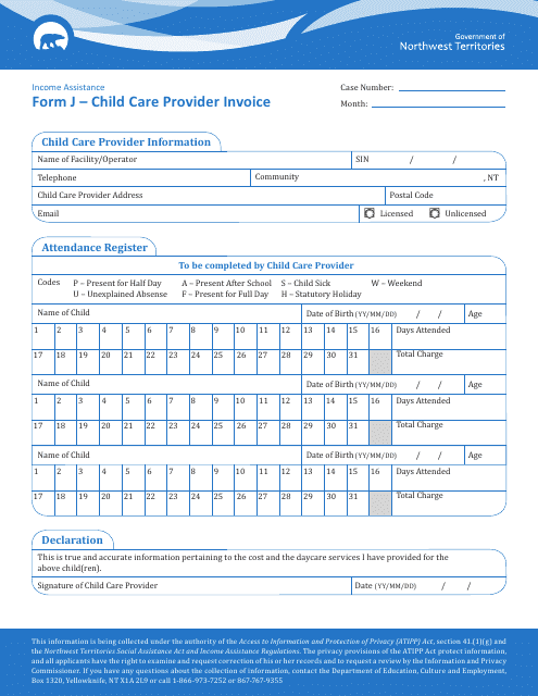 Form J Child Care Provider Invoice - Northwest Territories, Canada