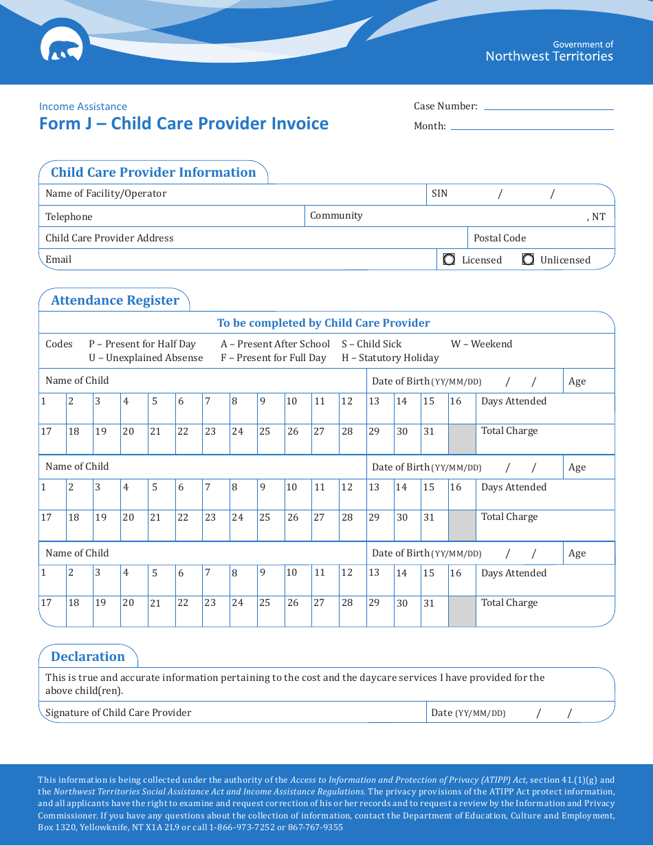 Form J Child Care Provider Invoice - Northwest Territories, Canada, Page 1