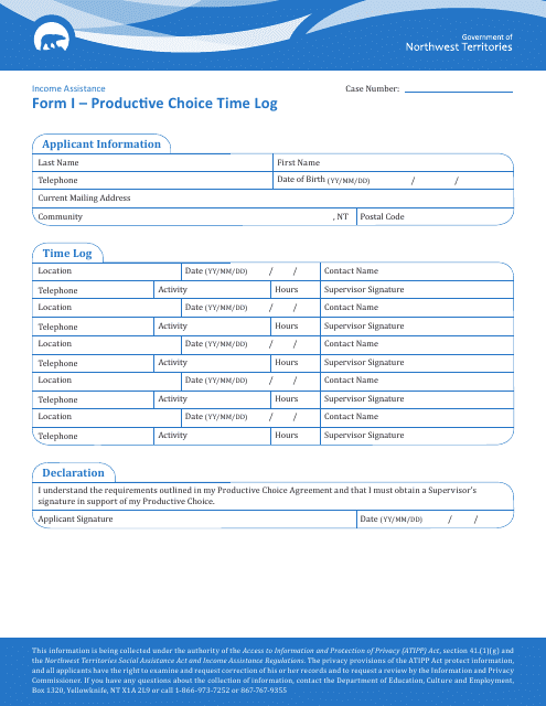 Form I Productive Choice Time Log - Northwest Territories, Canada