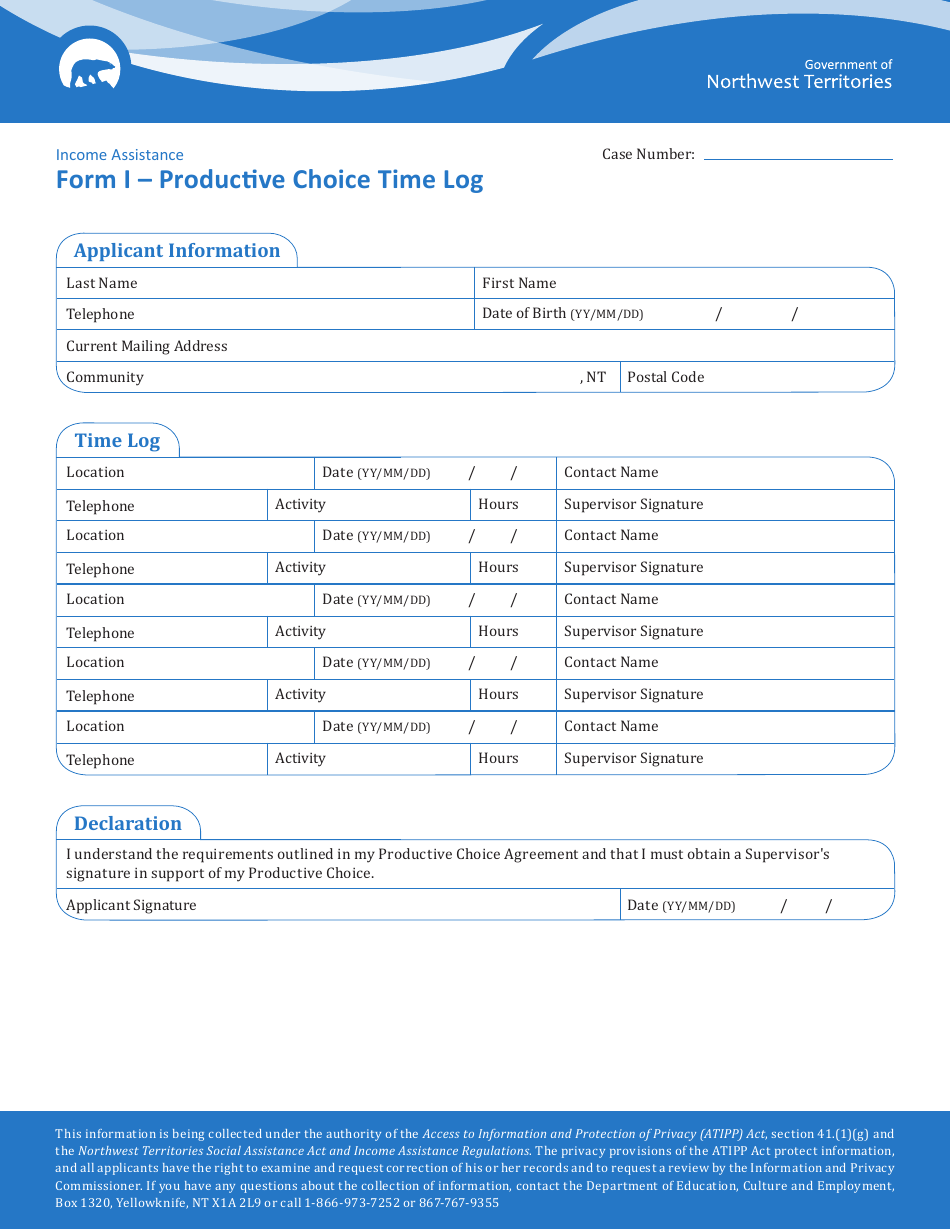 Form I Productive Choice Time Log - Northwest Territories, Canada, Page 1