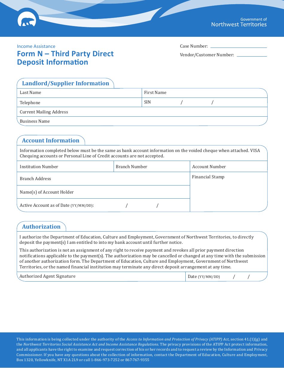 Form N Third Party Direct Deposit Information - Northwest Territories, Canada, Page 1