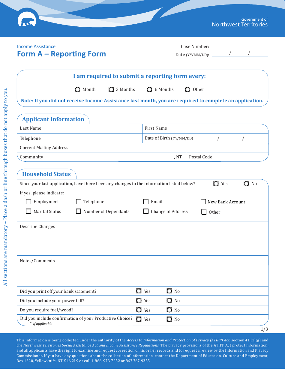 Form A Reporting Form - Northwest Territories, Canada, Page 1