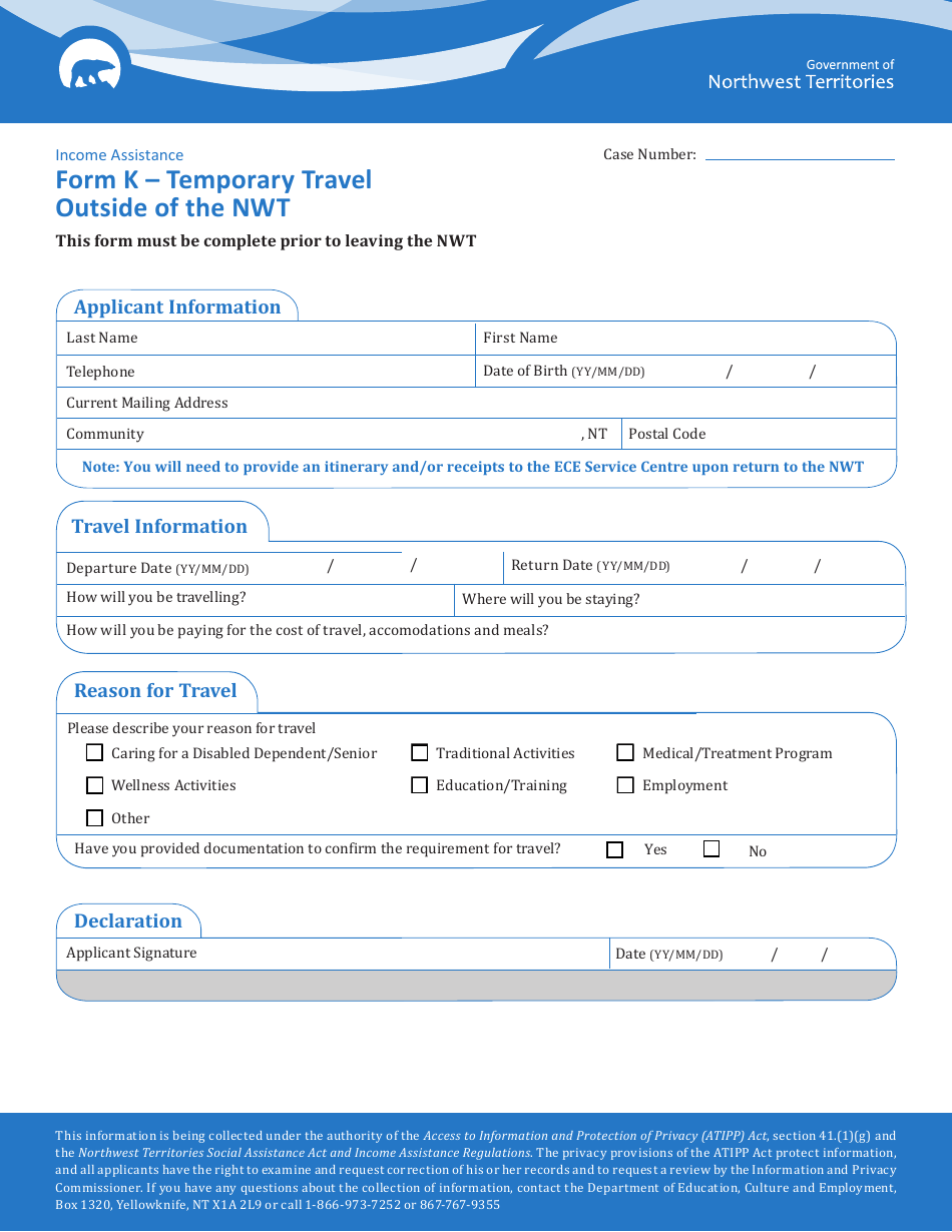 Form K Temporary Travel Outside of the Nwt - Northwest Territories, Canada, Page 1