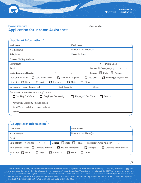 Application for Income Assistance - Northwest Territories, Canada Download Pdf