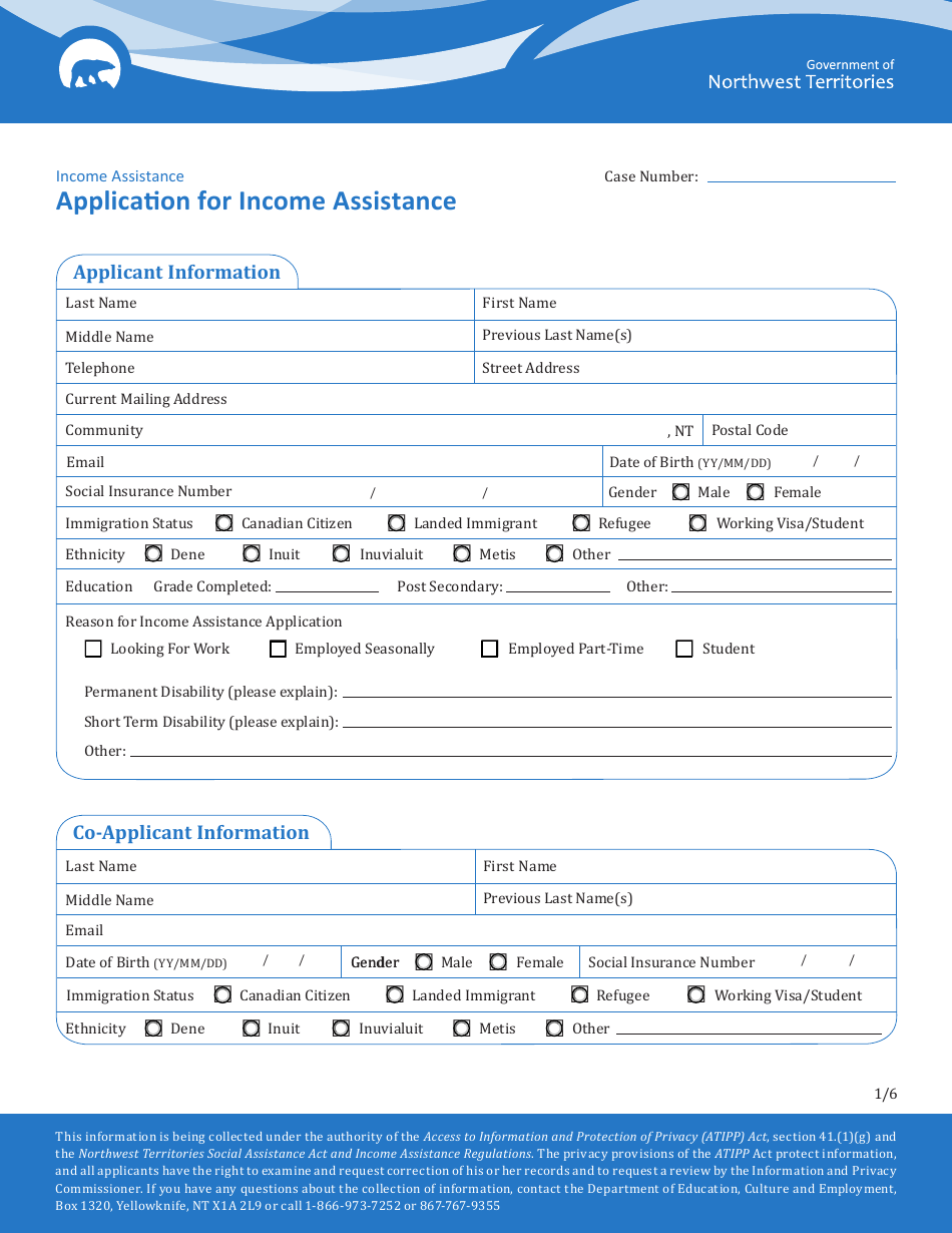 Application for Income Assistance - Northwest Territories, Canada, Page 1