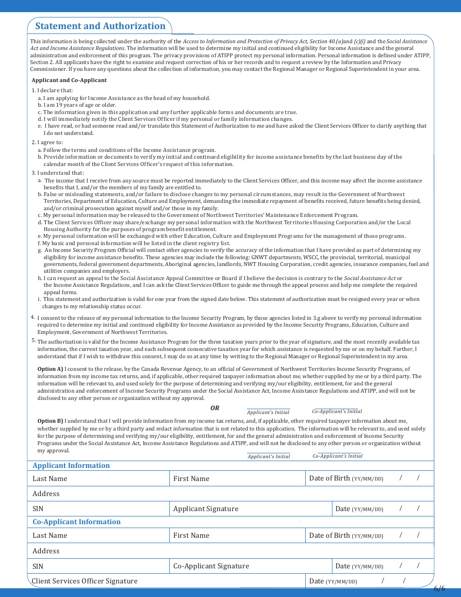Application for Income Assistance - Northwest Territories, Canada, Page 6