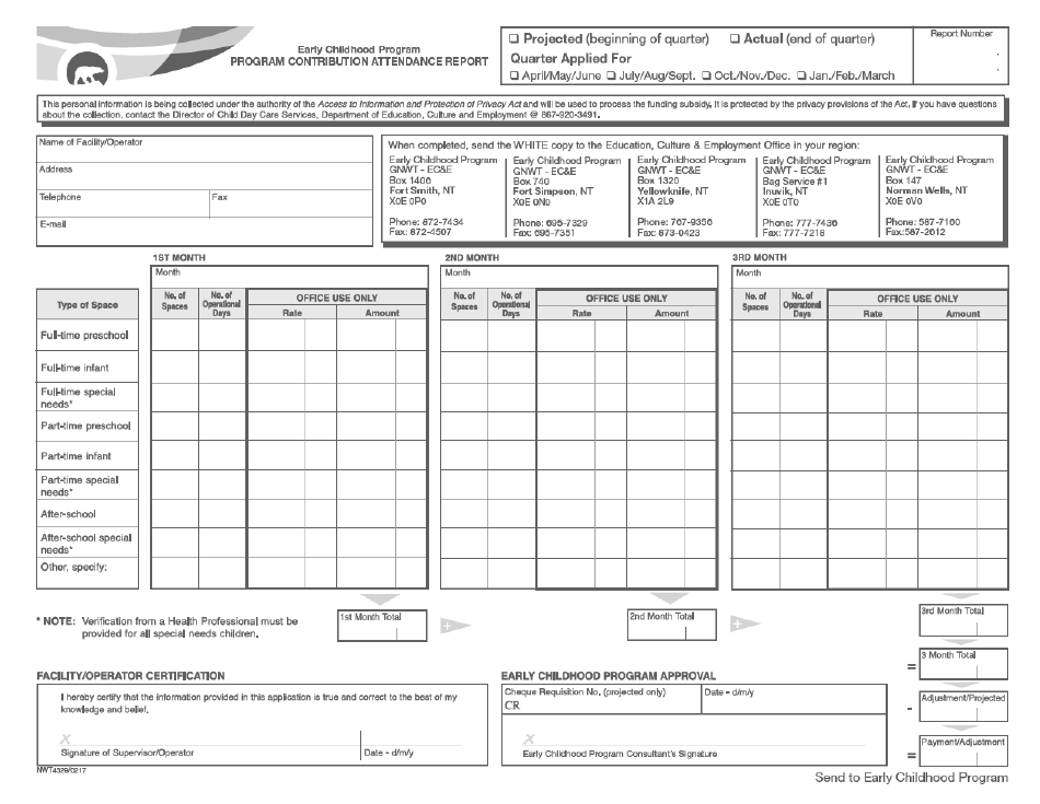 Form NWT4329 Program Contribution Attendance Report - Northwest Territories, Canada, Page 1