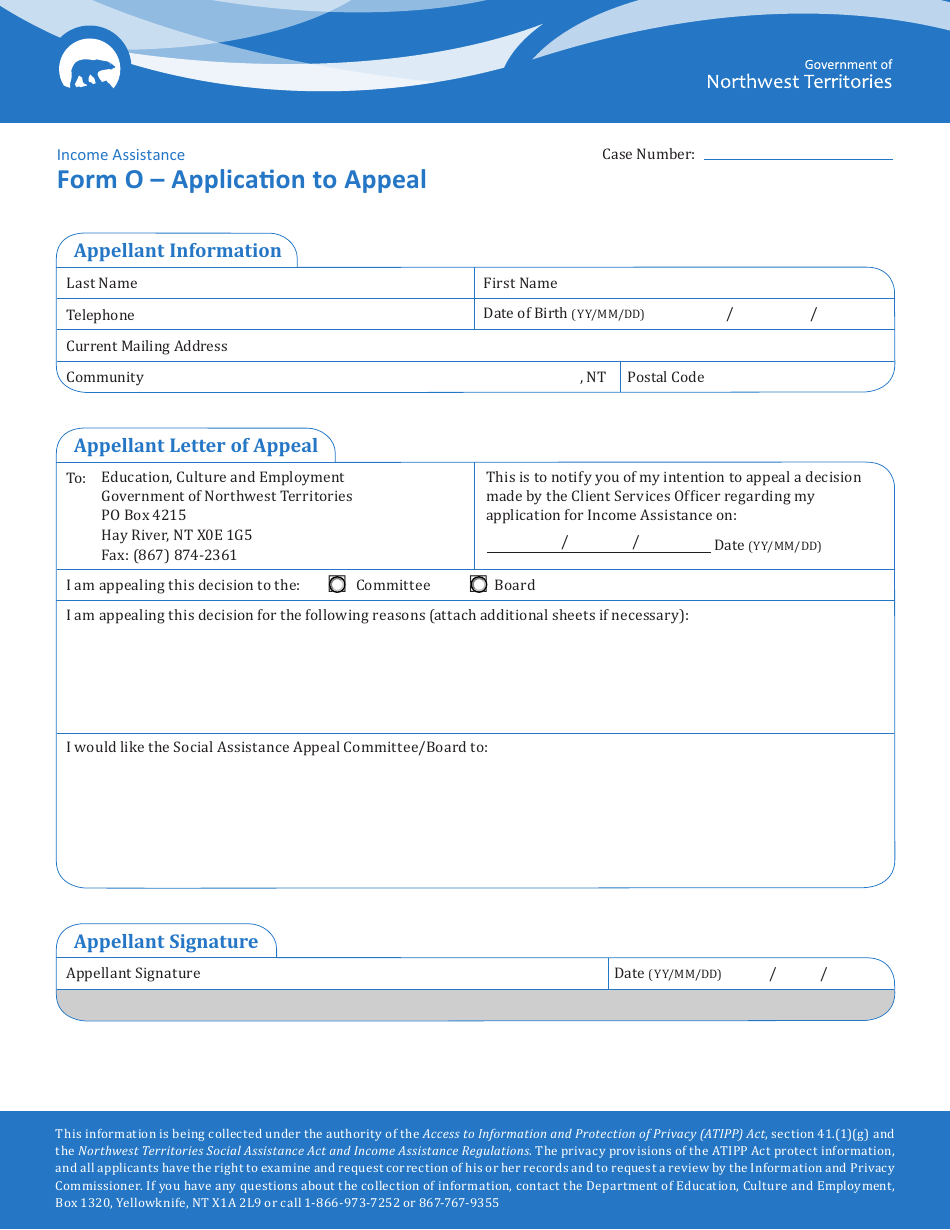 Form O Application to Appeal - Northwest Territories, Canada, Page 1