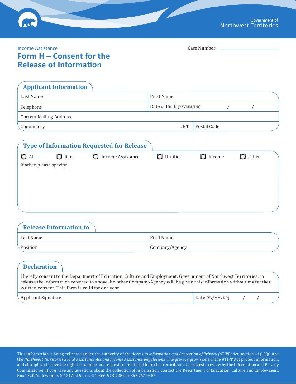 Form H Consent for the Release of Information - Northwest Territories, Canada, Page 1