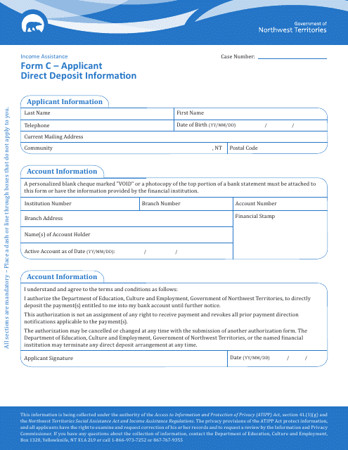 Form C Applicant Direct Deposit Form - Northwest Territories, Canada