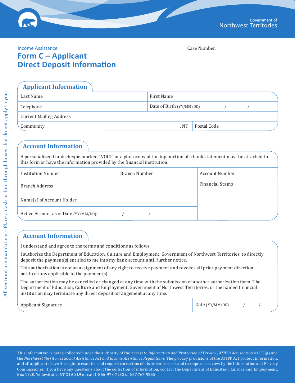 Form C Applicant Direct Deposit Form - Northwest Territories, Canada, Page 1