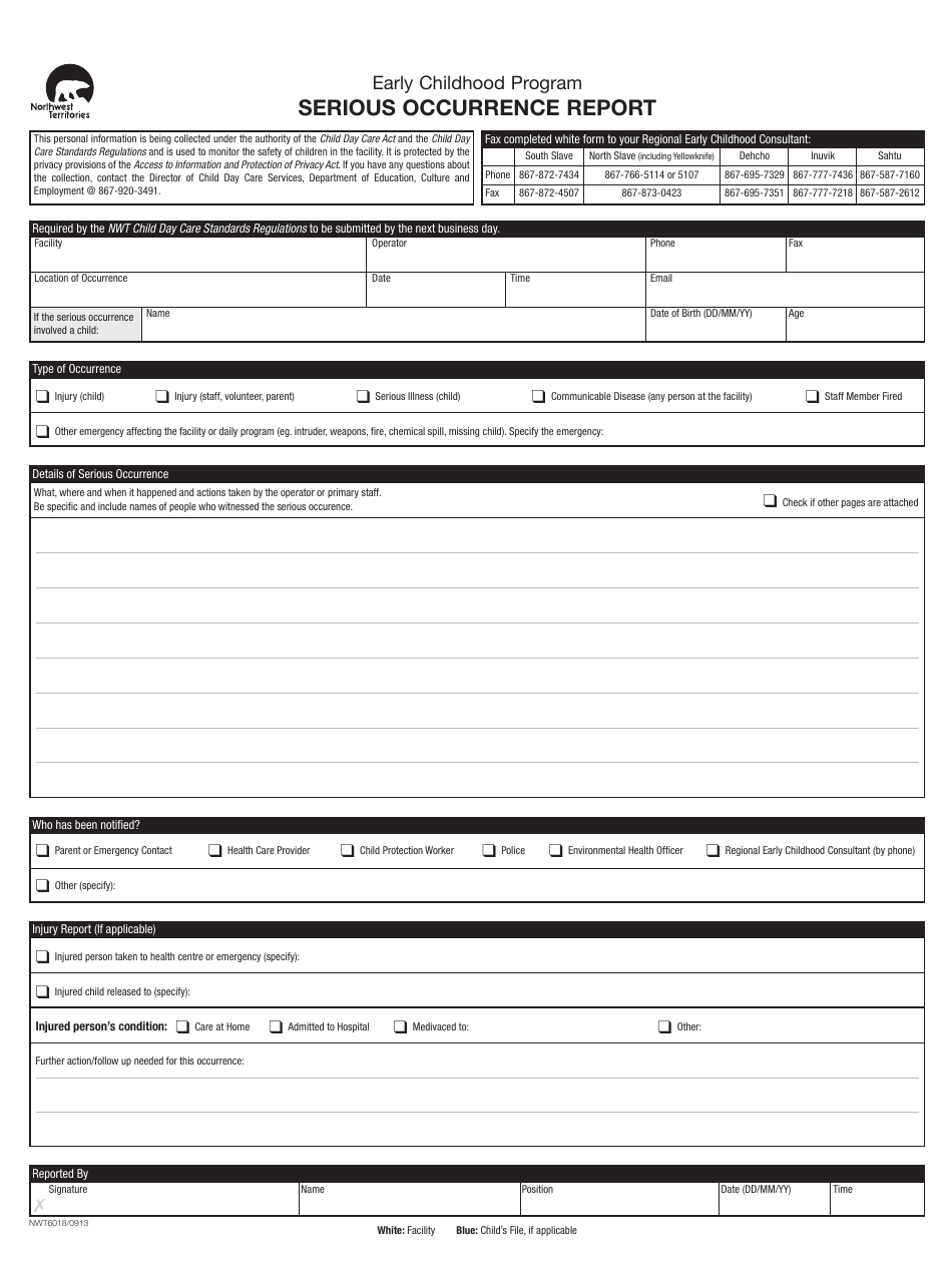 Form NWT6018 Serious Occurrence Report - Northwest Territories, Canada, Page 1