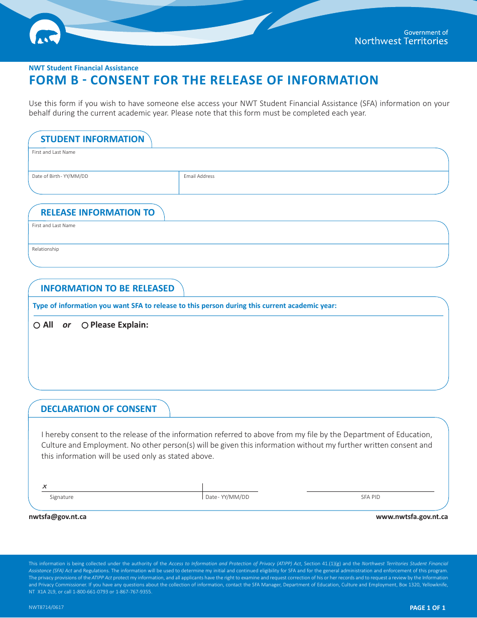 Form B (NWT8714) Consent for the Release of Information - Northwest Territories, Canada, Page 1