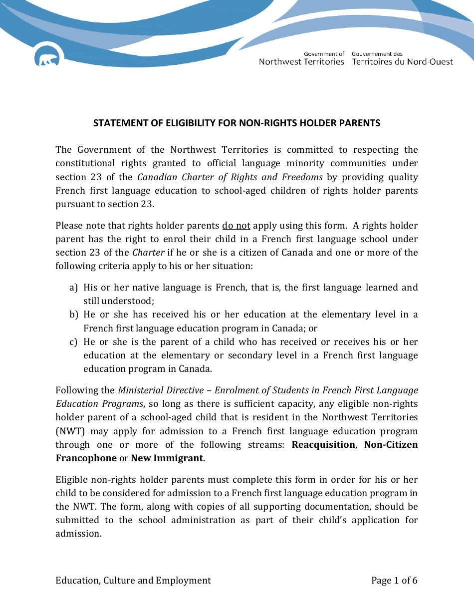 Statement of Eligibility for Non-rights Holder Parents - Northwest Territories, Canada, Page 1