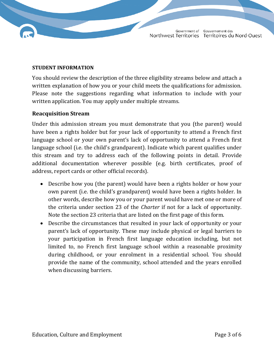 Statement of Eligibility for Non-rights Holder Parents - Northwest Territories, Canada, Page 3
