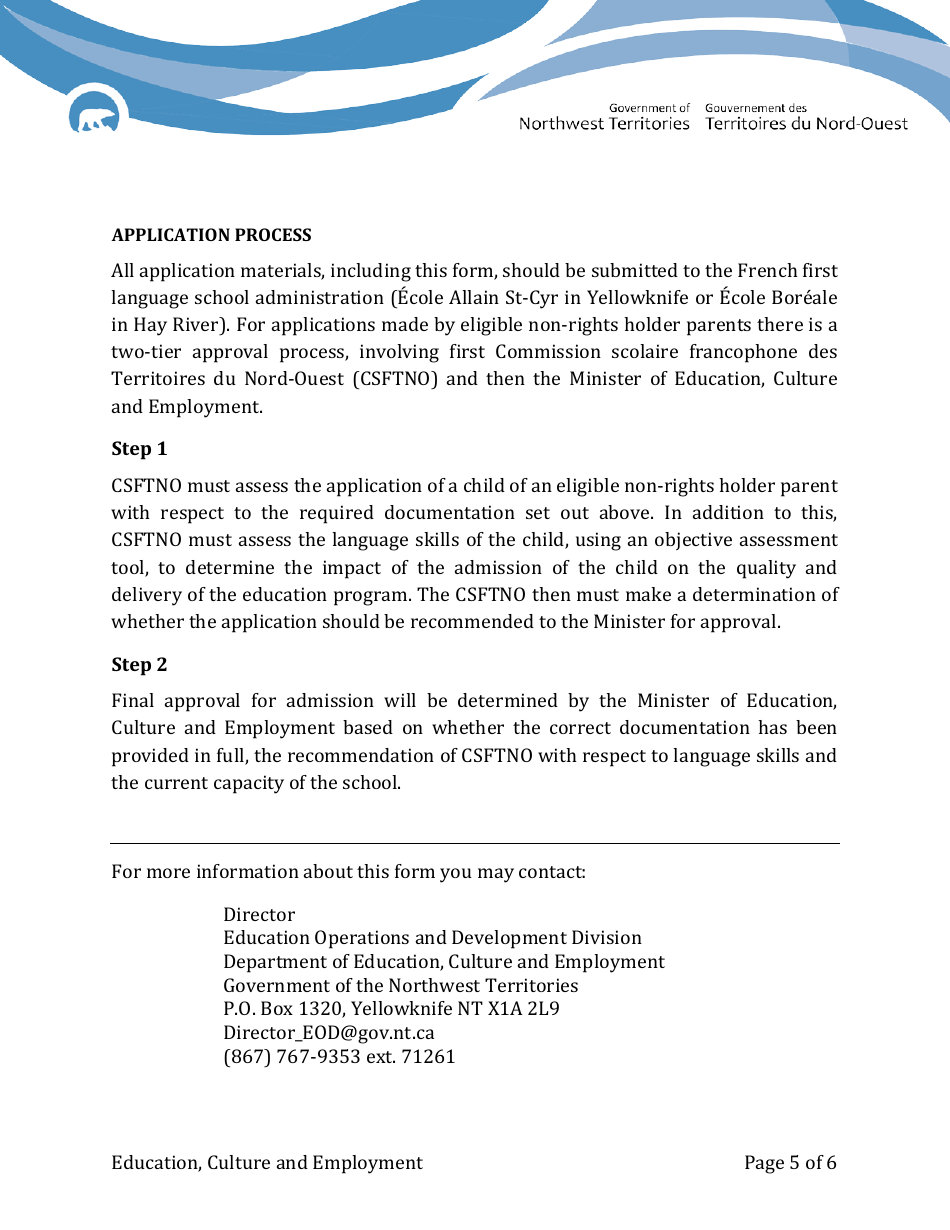 Statement of Eligibility for Non-rights Holder Parents - Northwest Territories, Canada, Page 5