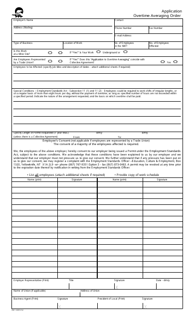 Form NWT1449 Overtime Averaging Application - Northwest Territories, Canada