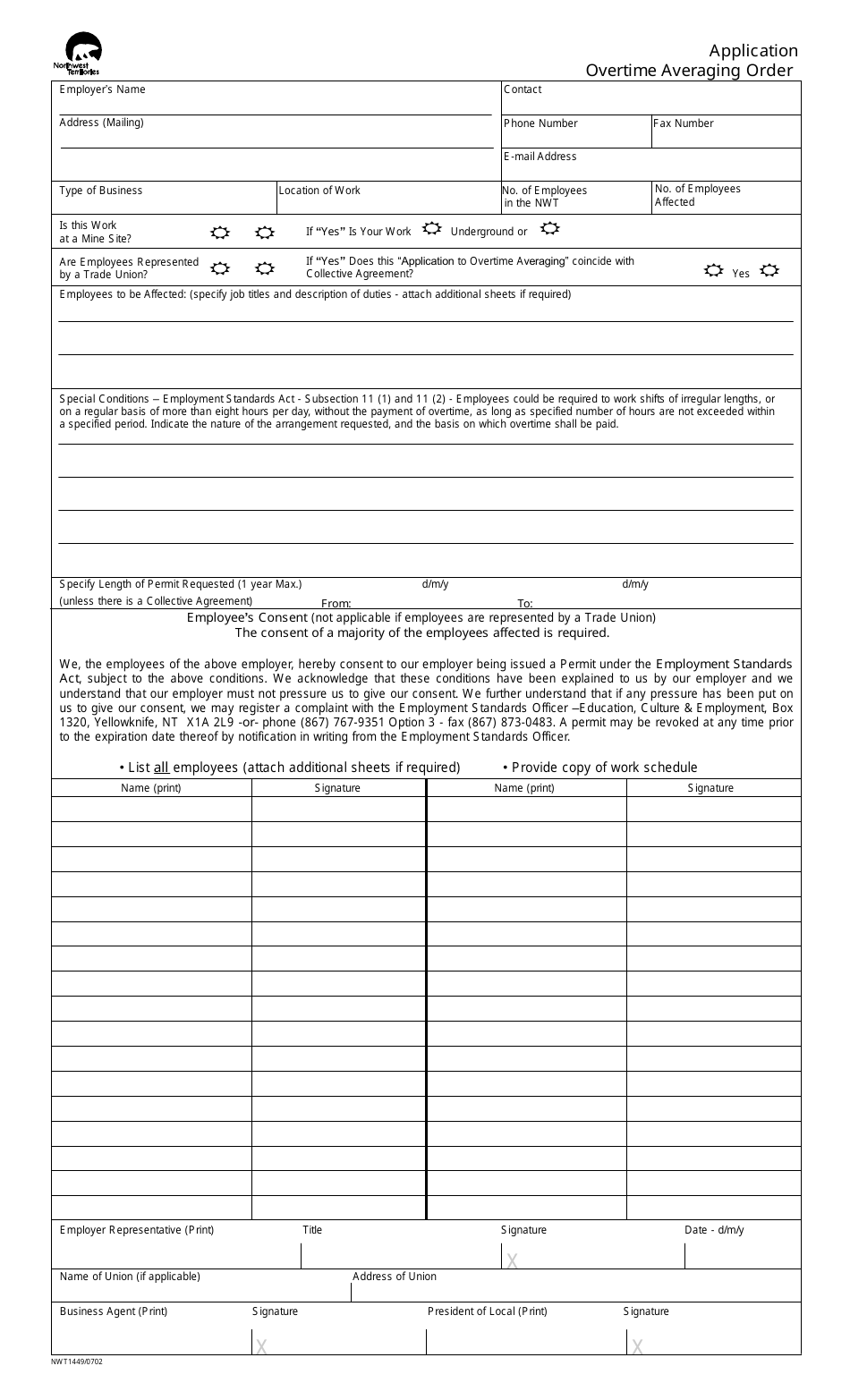 Form NWT1449 Overtime Averaging Application - Northwest Territories, Canada, Page 1