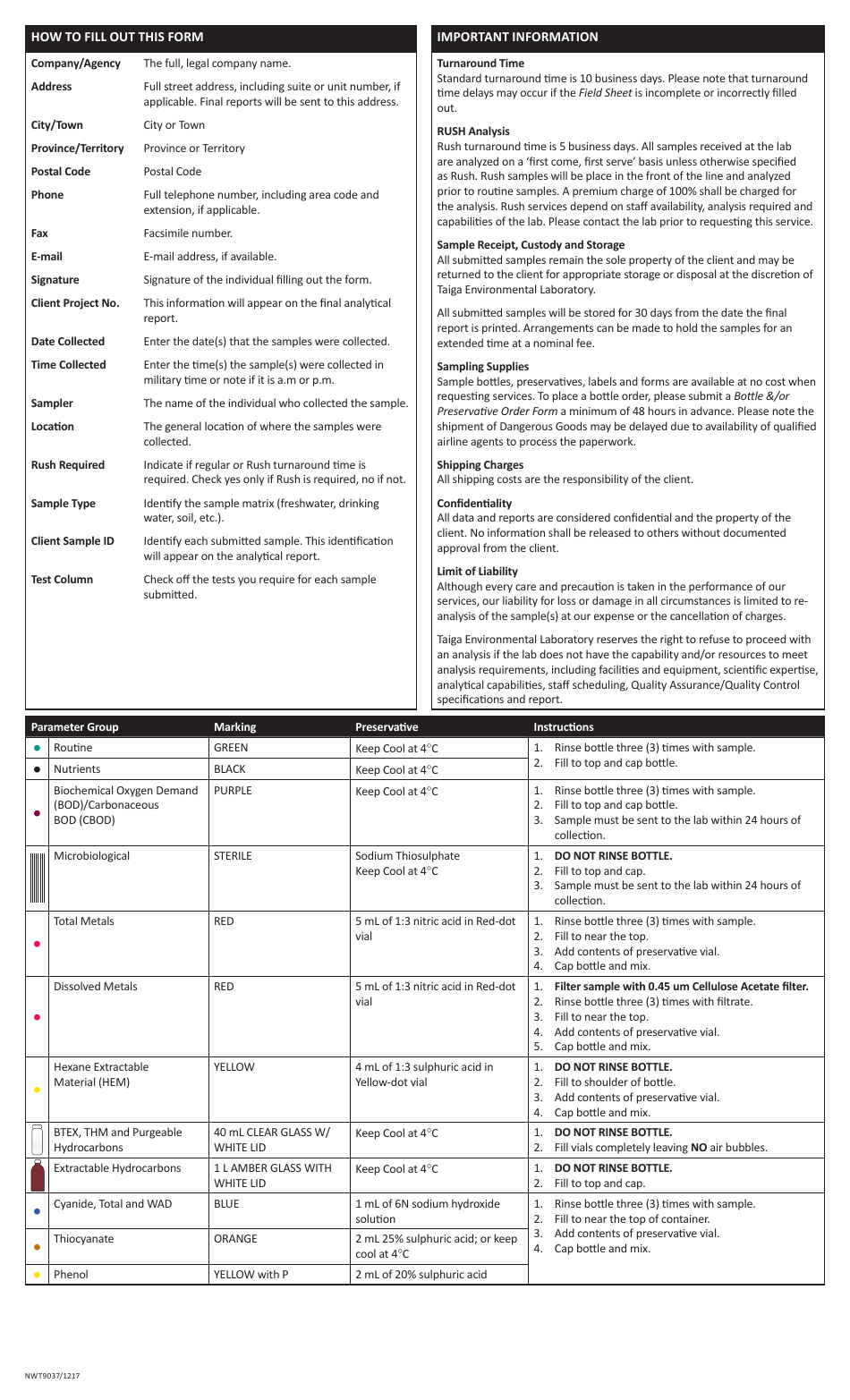 Form NWT9037 Taiga Environmental Laboratory - Field Sheet - Northwest Territories, Canada, Page 2