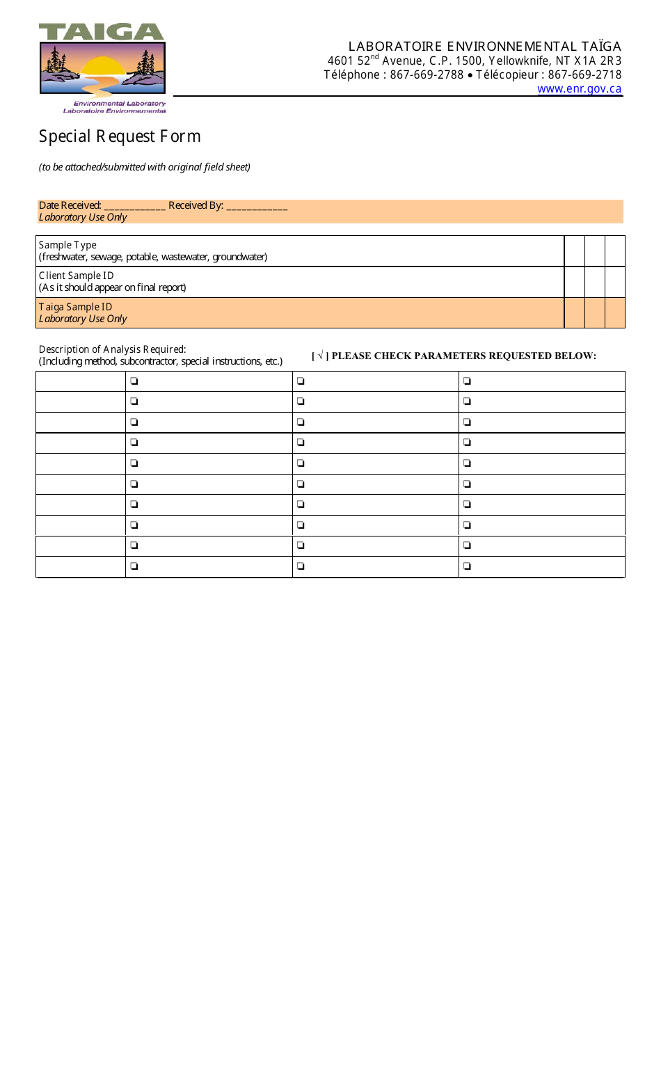 Special Request Form - Northwest Territories, Canada, Page 1