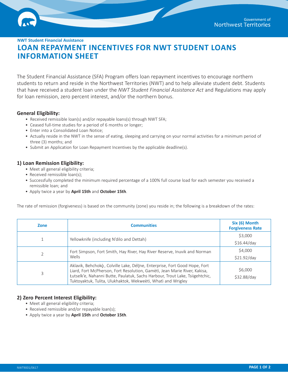 Form NWT9001 Application for Loan Repayment Incentives - Northwest Territories, Canada, Page 1