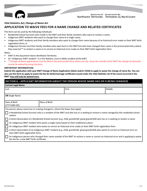 Form NWT9091 Application to Waive Fees for a Name Change and Related Certificates - Northwest Territories, Canada