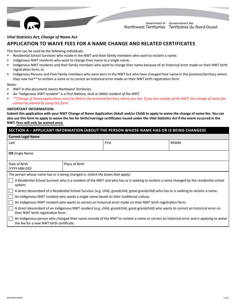 Form NWT9091 Application to Waive Fees for a Name Change and Related Certificates - Northwest Territories, Canada, Page 1