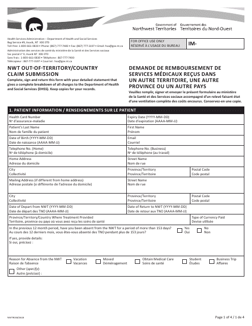 Form NWT9038 Nwt out-Of-Territory/Country Claim Submission - Northwest Territories, Canada (English/French)