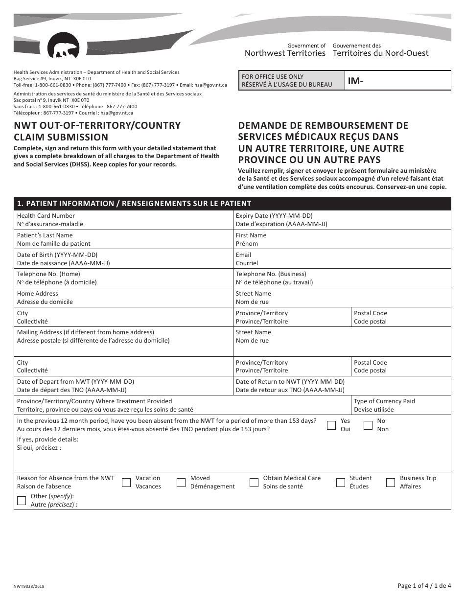 Form NWT9038 Nwt out-Of-Territory / Country Claim Submission - Northwest Territories, Canada (English / French), Page 1