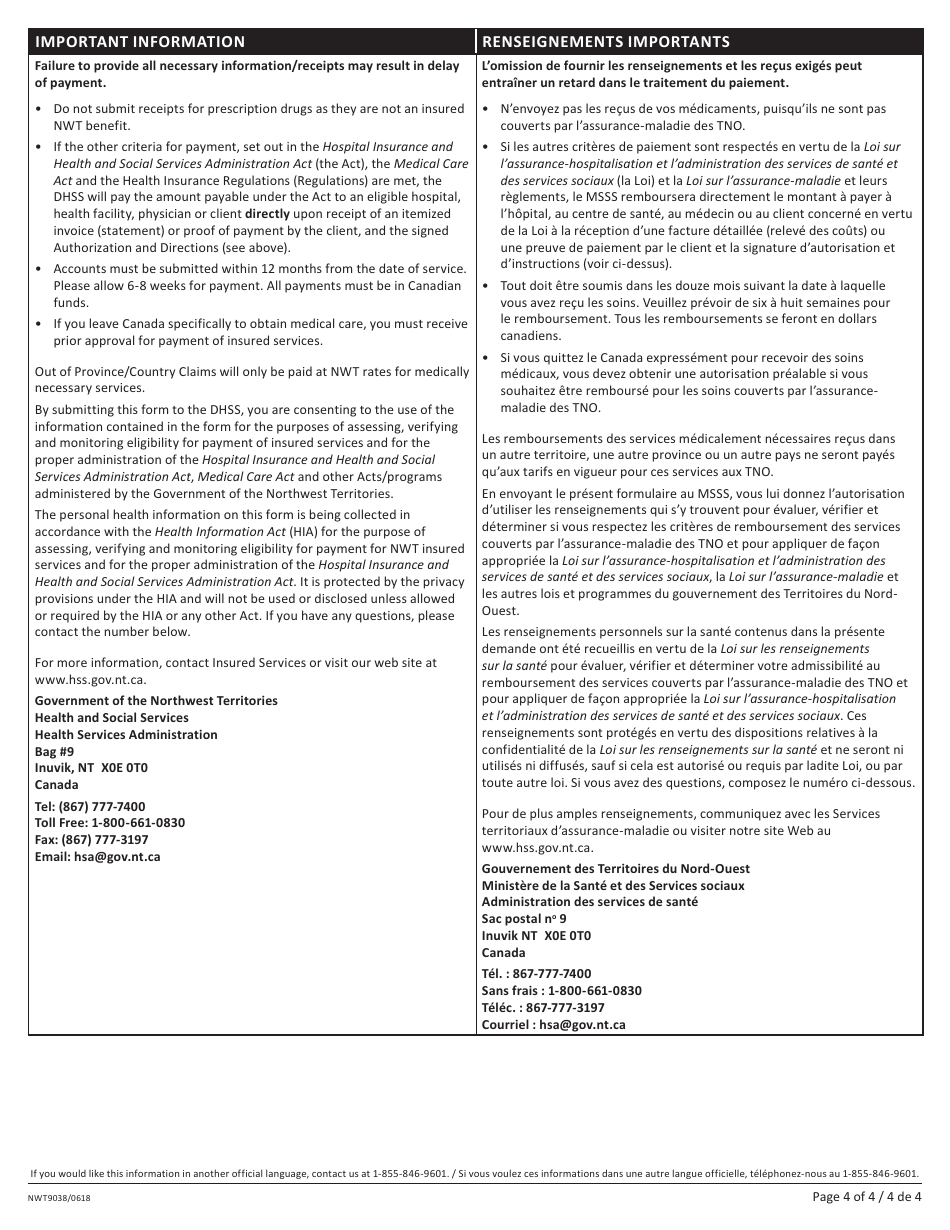 Form NWT9038 Nwt out-Of-Territory / Country Claim Submission - Northwest Territories, Canada (English / French), Page 4