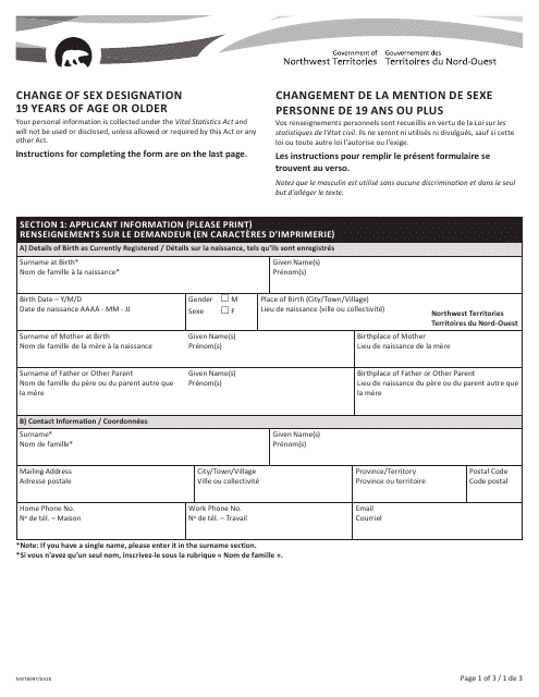 Form NWT8997 Change of Sex Designation 19 Years of Age or Older - Northwest Territories, Canada (English/French)