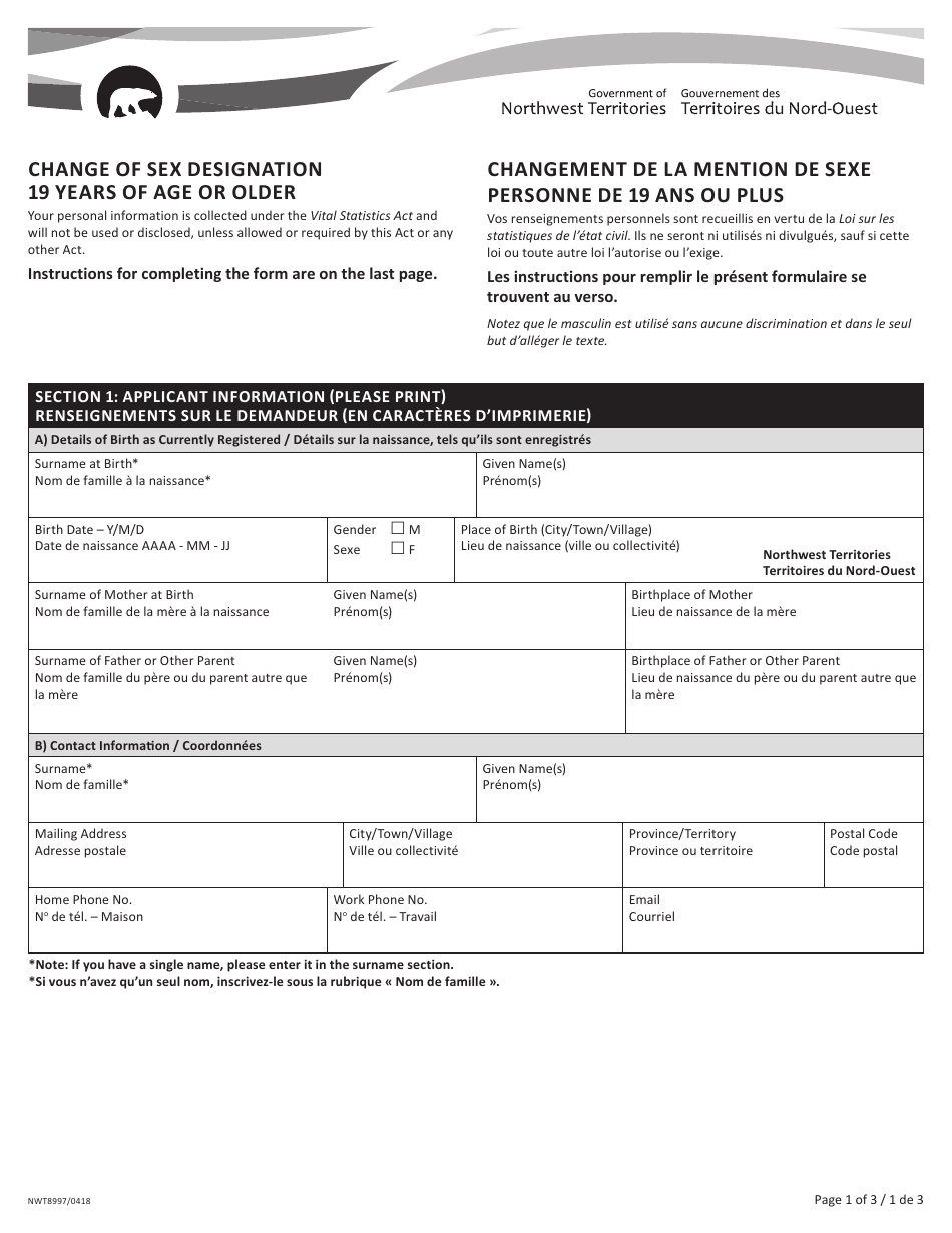 Form NWT8997 Change of Sex Designation 19 Years of Age or Older - Northwest Territories, Canada (English / French), Page 1