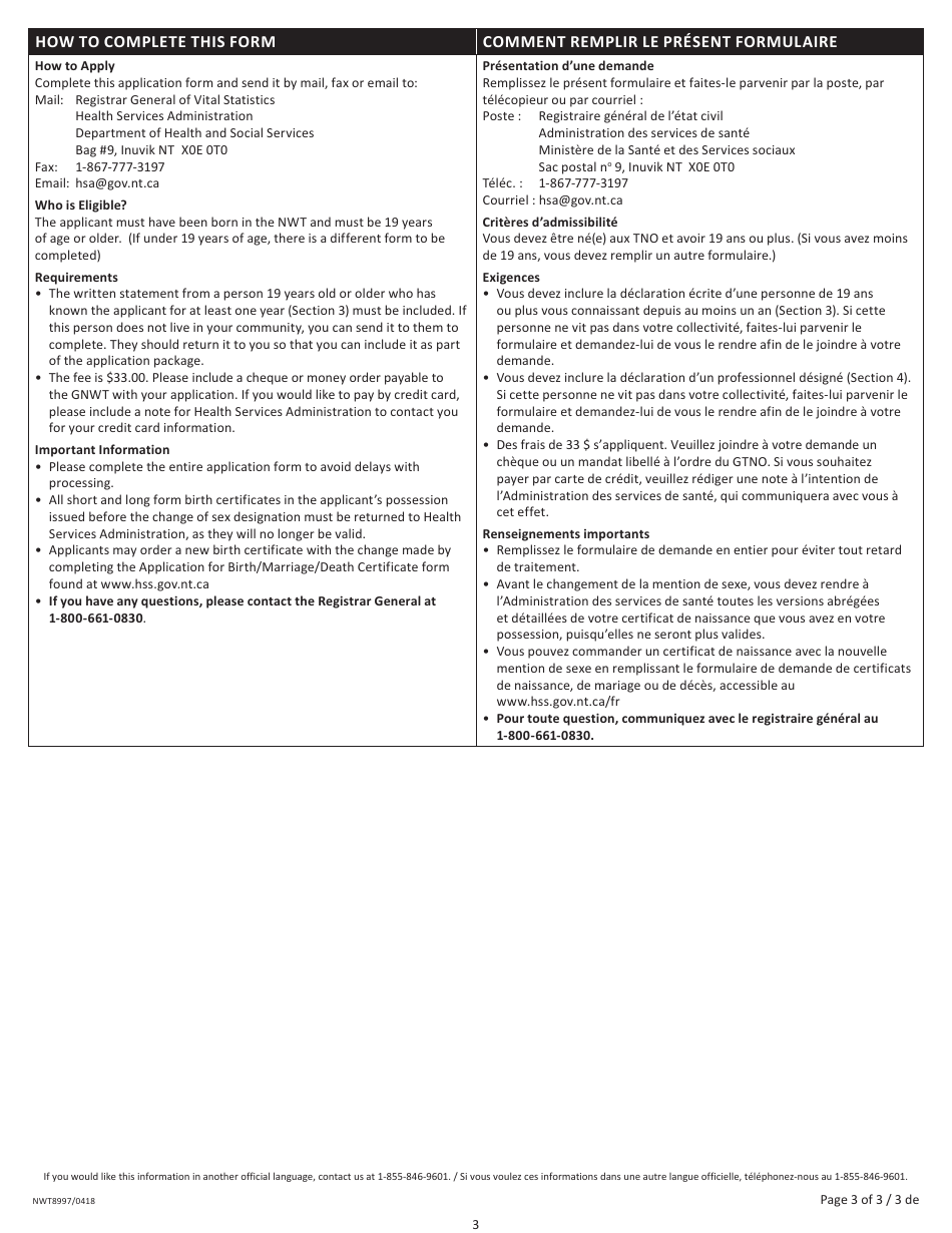 Form NWT8997 Change of Sex Designation 19 Years of Age or Older - Northwest Territories, Canada (English / French), Page 3