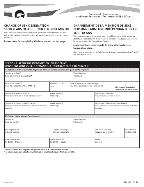 Form NWT8998 Change of Sex Designation 16-18 Years of Age - Independent Minor - Northwest Territories, Canada (English/French)