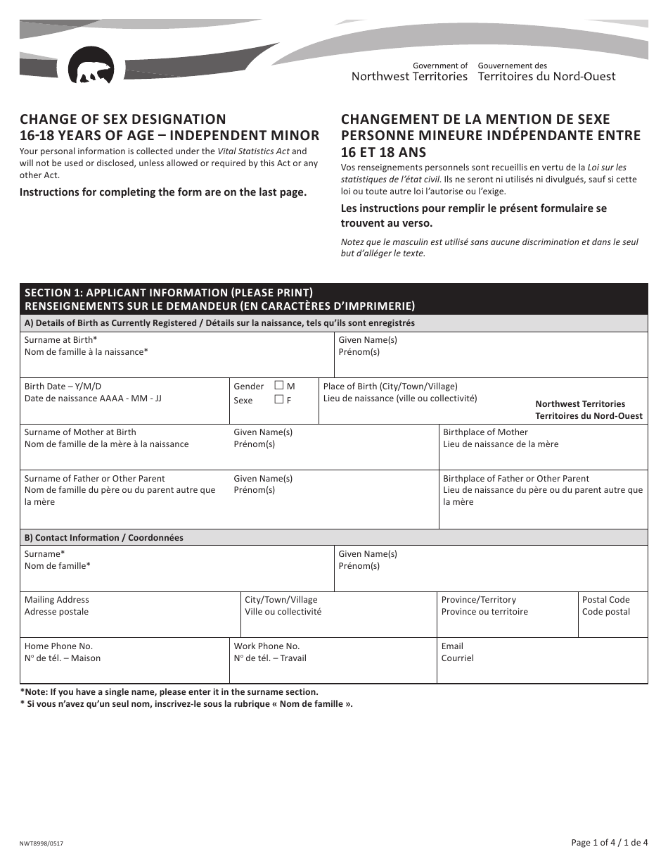 Form NWT8998 Change of Sex Designation 16-18 Years of Age - Independent Minor - Northwest Territories, Canada (English / French), Page 1
