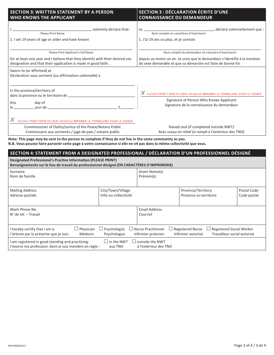 Form NWT8998 Change of Sex Designation 16-18 Years of Age - Independent Minor - Northwest Territories, Canada (English / French), Page 3