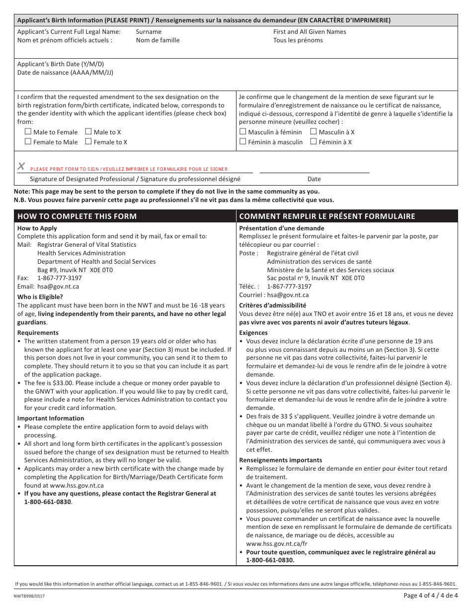 Form NWT8998 Change of Sex Designation 16-18 Years of Age - Independent Minor - Northwest Territories, Canada (English / French), Page 4