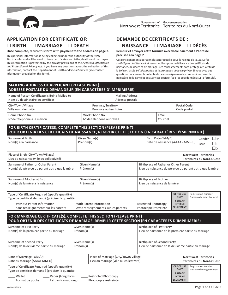 Form NWT8627 Application for Certificate of Birth, Marriage, Death - Northwest Territories, Canada (English / French), Page 1