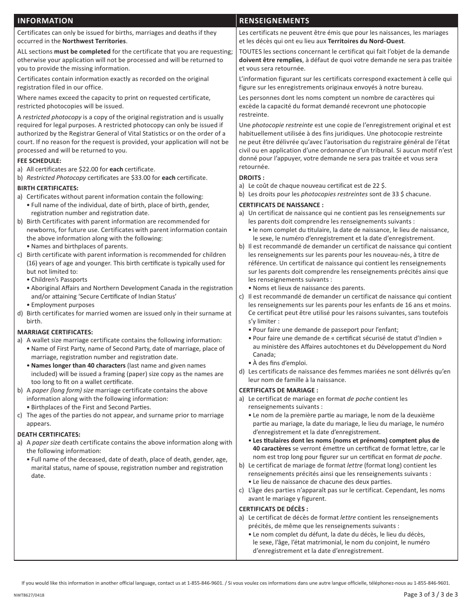 Form NWT8627 Application for Certificate of Birth, Marriage, Death - Northwest Territories, Canada (English / French), Page 3