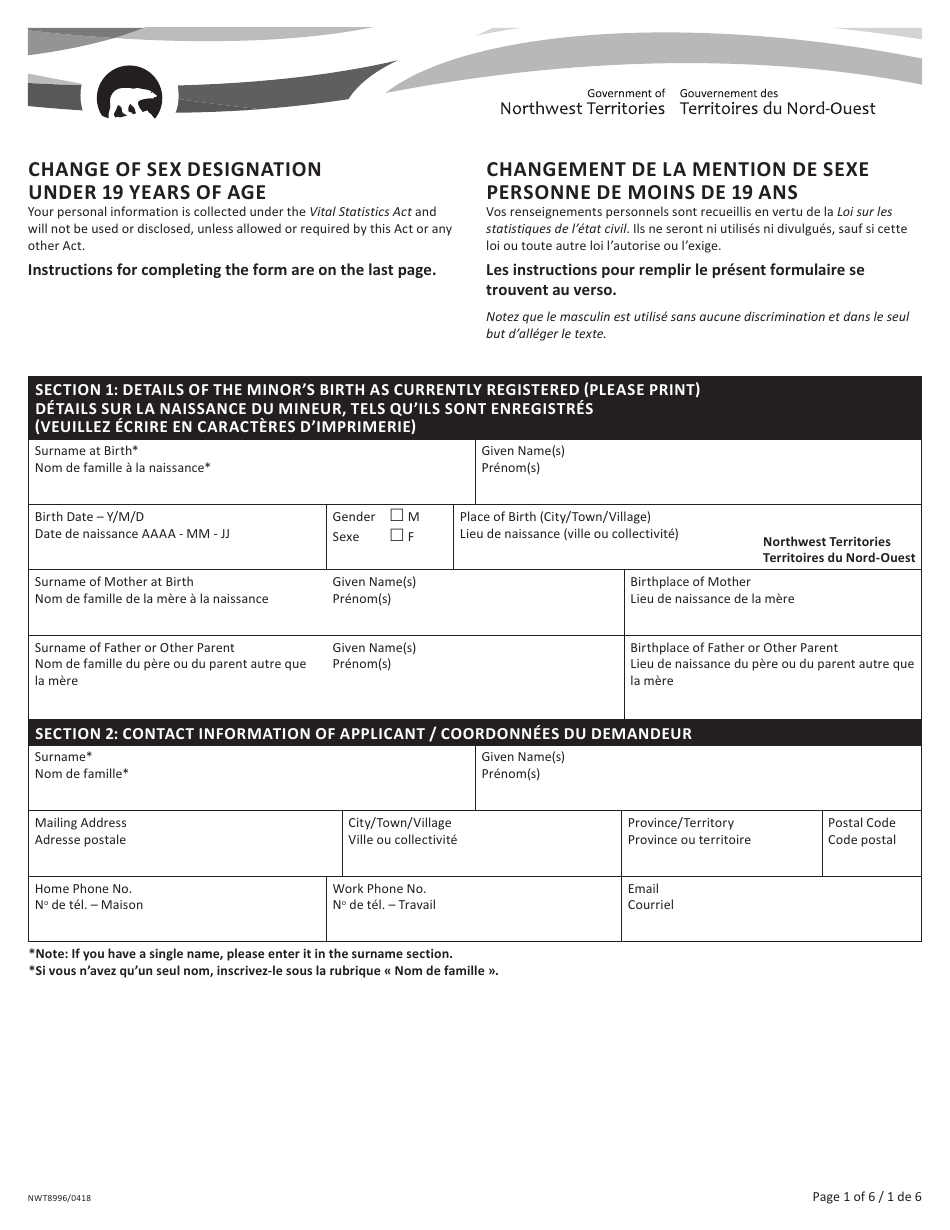Form NWT8996 Change of Sex Designation Under 19 Years of Age - Northwest Territories, Canada (English / French), Page 1