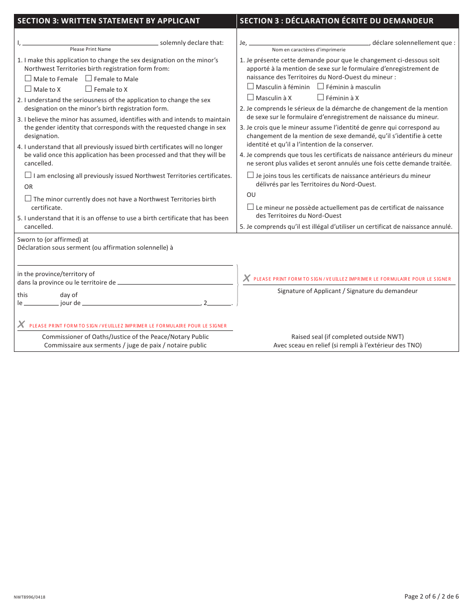 Form NWT8996 Change of Sex Designation Under 19 Years of Age - Northwest Territories, Canada (English / French), Page 2