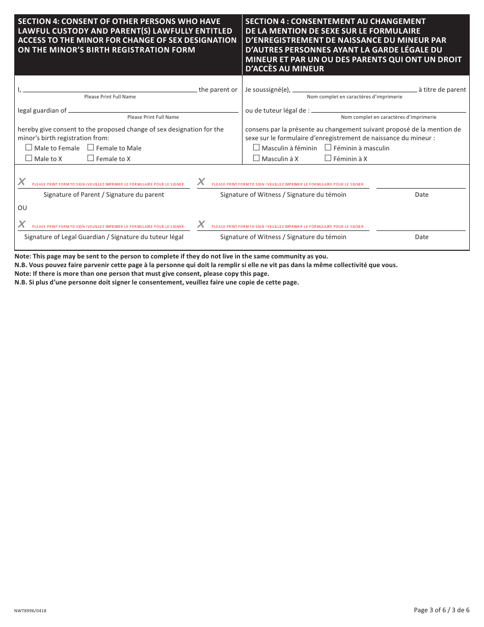 Form NWT8996 Change of Sex Designation Under 19 Years of Age - Northwest Territories, Canada (English / French), Page 3