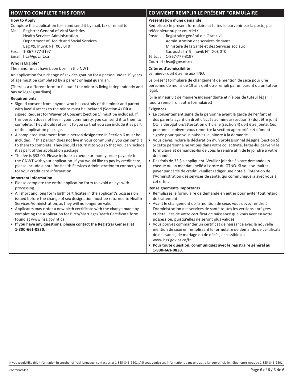 Form NWT8996 Change of Sex Designation Under 19 Years of Age - Northwest Territories, Canada (English / French), Page 6